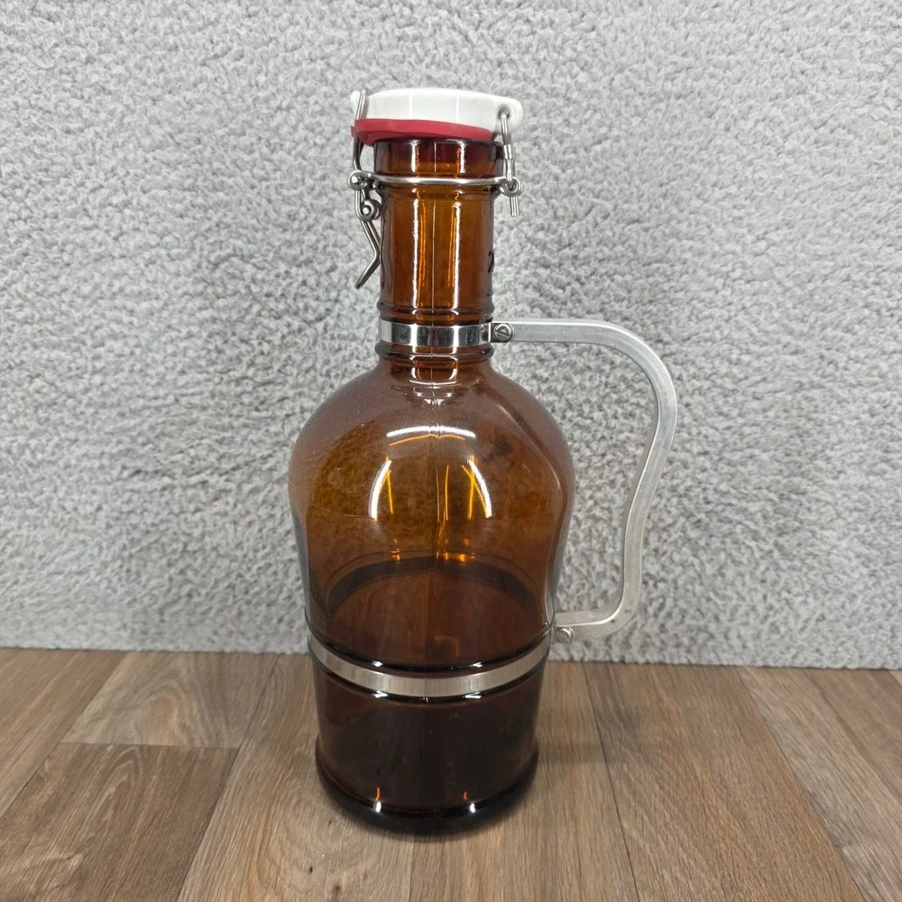 Vintage Amber Glass Beer Growler with Metal Handle and Swing Top Lid 12.5